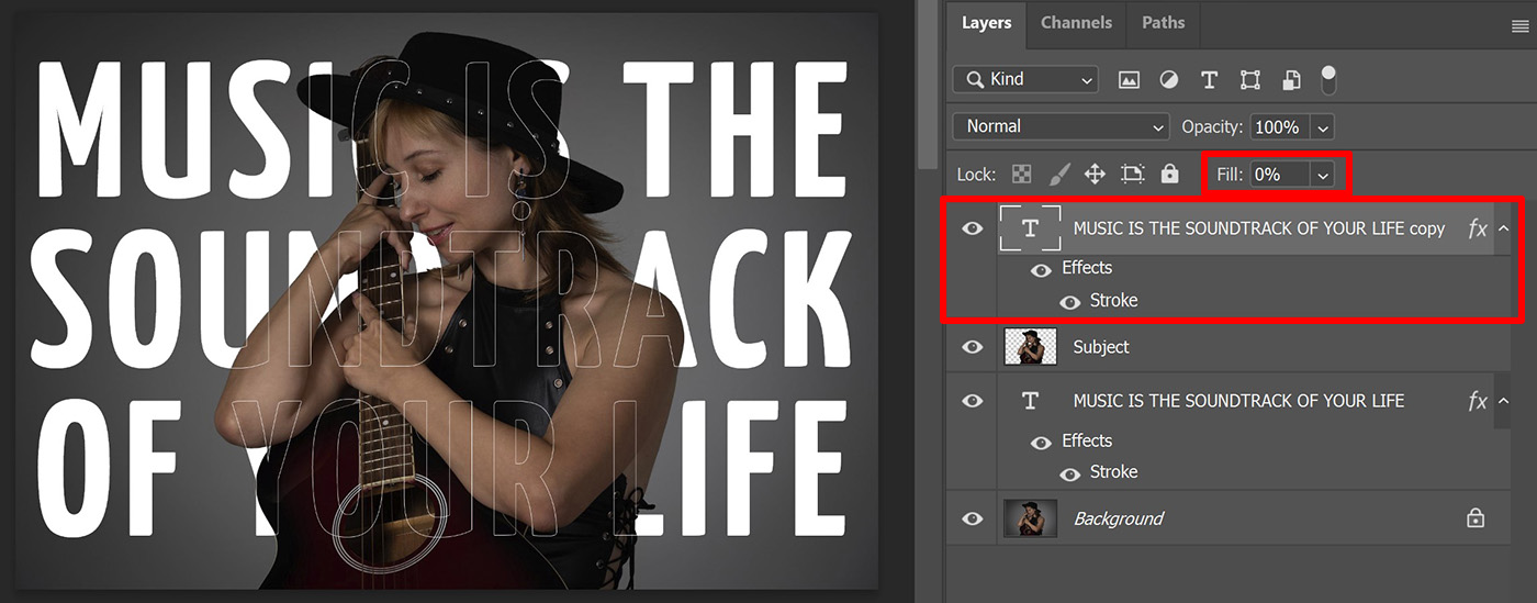 Text behind subject with outline in Adobe Photoshop